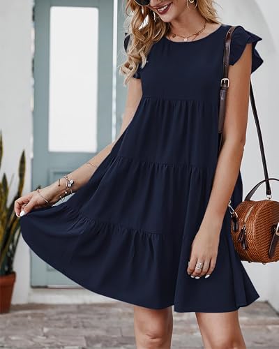 Image of KIRUNDO Summer Dresses for Women Sundress Sleeveless Ruffle Sleeve Round Neck Loose Short Flowy Pleated Mini Babydoll Dress