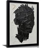 Framed Black Abstract Face Canvas Wall Art, Modern Textured Thick Brushstroke Portrait Painting, Minimalist...