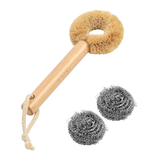 WANGYUANJI キッチンブラシ ステンレスタワシ 金たわし 2個セット 強度と柔軟性を併せ持った棕櫚繊維 強い汚れ落とす 長柄 鍋洗いブラシ 台所用品 食器洗う まな板用 鉄フライパン用