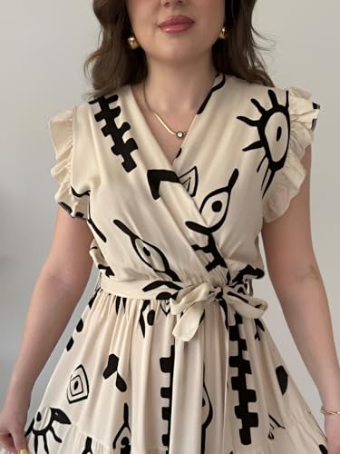 Image of KZULLY | Dress for Women | Feminine Cross Tie Long | Soft Frill Arm Detail Look | Stylish Allover Print Wear