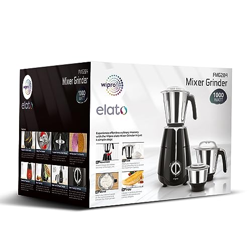 Image of Wipro Elato 1000 Watt, 100% Copper Motor, Mixer Grinder with 3 Jar, Black + Wipro Vesta 2200 watt Indcution Cooktop, Black ((Build Your Home Kit(BYHK))