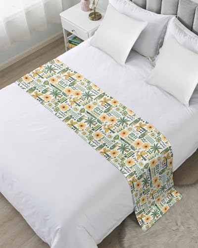 Twin Bed Runner Summer Green Tree Sunflower Fish Bedding Runner Scarves Decorative Bed Scarf, Beach Tropical Plant Soft Bed Runners for Bedroom Hotel Wedding 71x20IN