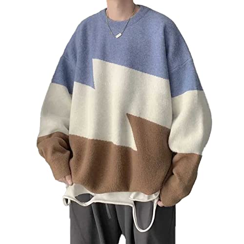 CORIRESHA Men's Vintage Sweater Crew Neck Pullover Colorblock Knit Sweater