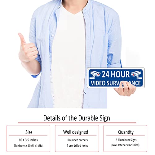 Video Surveillance Signs Outdoor, (2 Pack) Metal Security Camera Sign for Home, 10" x 3.5" Camera in Use Sign Outdoor, Blue Aluminum Monitoring Sign