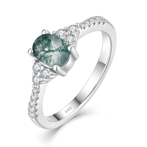 925 Sterling Silver Ring for Women Moss Agate Ring Promise Wedding Engagement Ring Cubic Zirconia Jewelry Valentines Day Anniversary Birthday Gift for Her