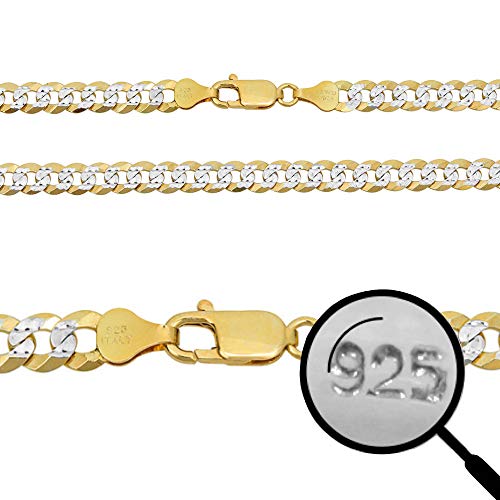 HarlemBling Men's Flat Cuban Chain Or Bracelet - 6mm - 14k Gold Over Solid 925 Sterling Silver - Made In Italy - Two Tone Diamond Cut