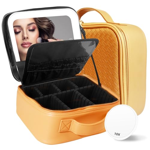 Image of MOMIRA Travel Makeup Bag Cosmetic Bag Makeup Organizer Bag with Lighted Mirror, Adjustable Brightness in 3 Color Scenarios, Waterproof Makeup Train Case, Gift for Women - Apricot(Woven)