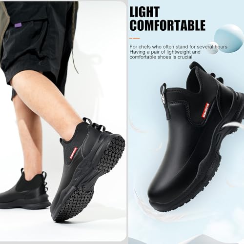 Black Work Shoes for Men Women Non Slip Kitchen Chef Shoes Waterproof Food Service Restaurant Slip on Sneakers Walking and Casual Slip Resistant Cleaning Work Footwear3