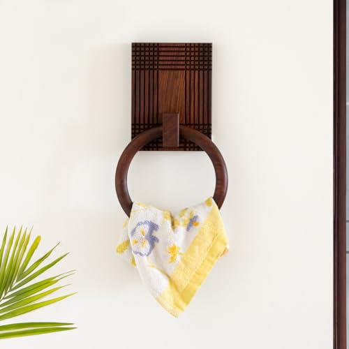 Image of ExclusiveLane 'Checkered Frame' Wooden Towel Ring Holder in Sheesham Wood | Handcrafted Towel Hanger for Bathroom Towel Holder Kitchen Towel Holder for Wash Basin Towel Ring (Sheesham Wood, Brwon)