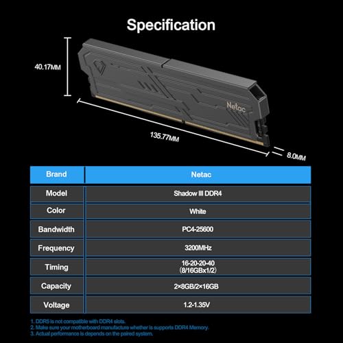Image of Netac DDR4 DRAM 16GB Kit (2x8GB) 3200MHz XMP 2.0 Dual Channel RAM CL16 (PC4-25600) 1.35V 288-Pin Upgraded Aluminum Heat Sink Ideal for Gaming Computer Upgrade - Shadow III Series Black