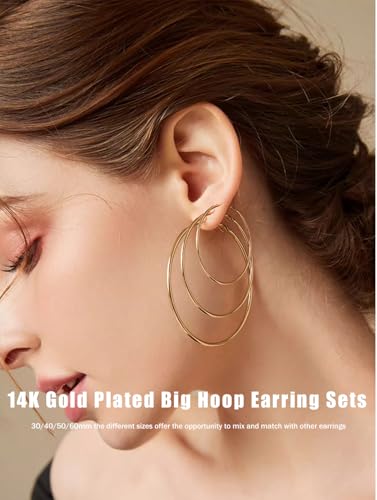Silver Gold Hoop Earrings for Women,Thin 14K Gold Hoops Set with Hypoallergenic 925 Sterling Silver Post,Lightweight Big Hoops 30mm 40mm 50mm 60mm3