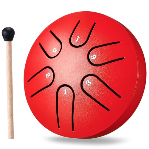 Mini Steel Tongue Drum Small: 3 Inch 6 Notes Metal Hand Drums Musical Instruments, Music Gifts for Family Friends (Red)