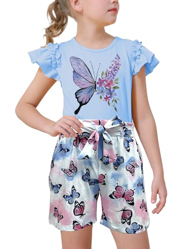 Image of mksodop Girls outfits 2-Piece ruffled short sleeve butterfly floral print high waist floral shorts girls summer clothes