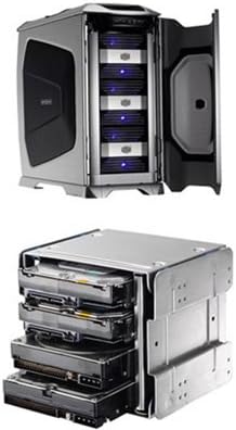 Cooler Master 4-in-3 HDD Module Device installed in a computer case and a close-up of the module with four hard drives.