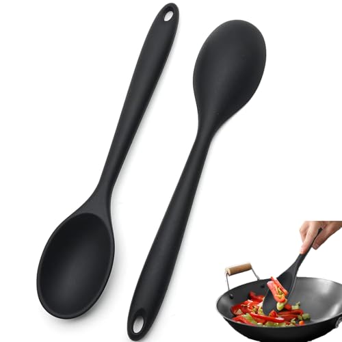 2 Stück Silikonlöffel, 27,5 x 5,5 CM Kochlöffel Silikon, Schwarz Servierlöffel Kunststoff, Antihaft Löffel Kochutensilien, Servierlöffel Silikon für Camping Essen Kochen Rühren Backen