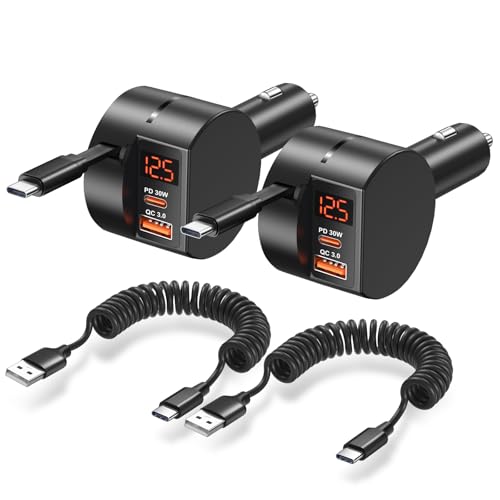 Retractable Car Charger USB C, OKRAY 78W 3-Port 12v Cigarette Lighter Adapter PD30W Fast Charging Type C Car Phone Charger & Coiled USB C Cable for iPhone 16 15 Pro, Samsung Galaxy S25 S24 A16, 2Pack
