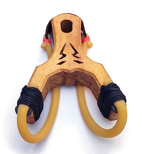 Image of Wooden Slingshot Catapult, Hard Wood, Natural Wood Color, Yellow Rubber, Strong Grip, Extra Material, Best for Kids, Hikers, Trekkers, Pocket Shooter Series - Classic Shooter Pro Wild