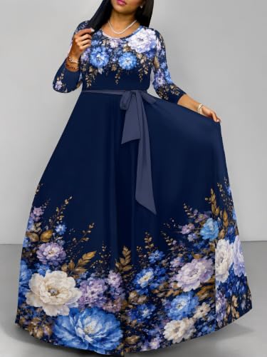 Image of Plus Size Maxi Dress for Women V Neck 3 /4 Sleeve Wrap Dress