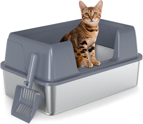 Vivifying Stainless Steel Cat Litter Tray Easy to Clean and Odour-Resistant XL Stainless Steel Cat Litter Box with Scoop for Cats up to 8.2kg (Grey)