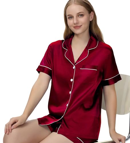 Guriyzee Couple Pajamas Set Satin Short Sleeve Sleepwear 2 Pcs Button Down Pjs Loungewear Women Wine Red XX-Large — view 6