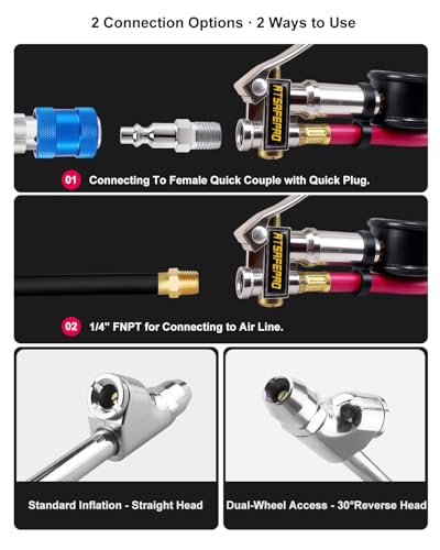 ATsafepro Tire Inflator with Gauge, 10-160 PSI, 12-Inch Extended Straight Air Chuck with Pressure Gauge for Dual Wheels, 1/4 NFT & Quick Plug, Tire Pressure Checker for Trucks, RVs, Trailers