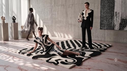 Image of Irregular Shape Hand Tufted Area Rug, Handmade Wool Rug with Modern Botanical Floral Leaf Design, Decorative Carpet for Living Room & Bedroom Size 3x5 feet (90x150cm), Color - Black /White