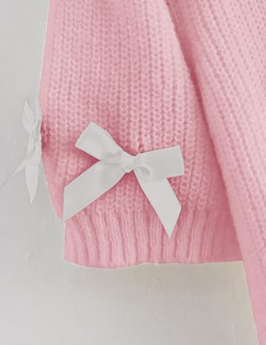 Image of Women's Sweaters Knitted Crewneck Puff Bubble Short Sleeve Pullover Tops Casual Bow T Shirts Chic Blouses