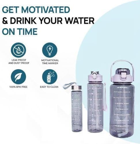 Set of 3 Transparent Water Bottle 2000ML, 900ML, 300ML with Motivational Time Marker |Leak Proof&Break-Proof | Best Usage For Office/School/Gym/Travel (SET OF 3) (PURPLE)