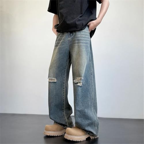 Men with Pockets Jeans Wide Leg Denim Pants Vintage Ripped Street Straight Trousers2