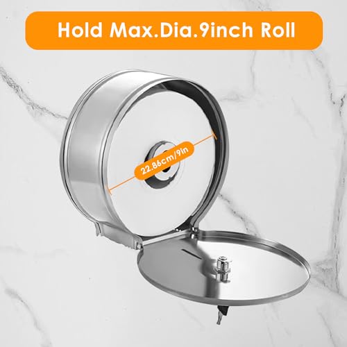 Image of 1Pcs Commercial Jumbo Toilet Paper Dispenser, 9in /22.9cm Roll | Stainless Steel | Wall Mount | Single Roll | 2.5in Core | With Key Lock | Restroom Use