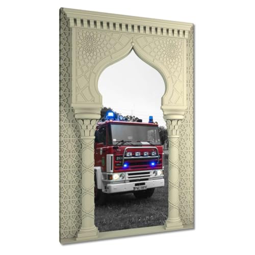 Camion de pompiers decoration murale toile imprimee 60x90cm tableau enfant