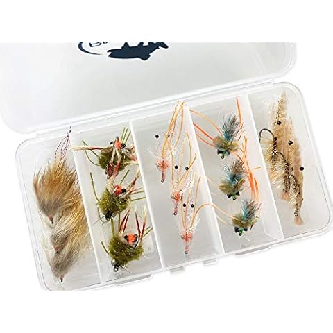 RiverBum Redfish Flies Assortment Kit with Fly Box, Crazy Charlie, Assorted Shrimp and Crab Flies for Fly Fishing - 15 Piece Cover