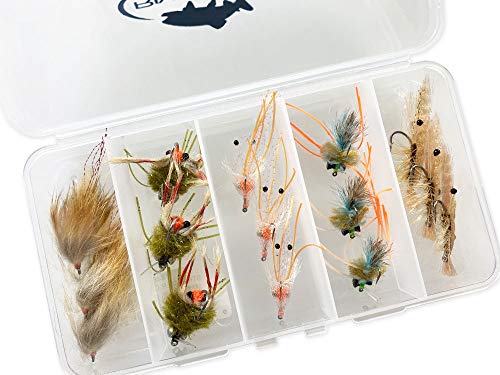 fly fishing for redfish - RiverBum Redfish Flies Assortment Kit with Fly Box, Crazy Charlie, Assorted Shrimp and Crab Flies for Fly Fishing - 15 Piece