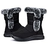 SHIBEVER Winter Snow Waterproof Boots: Fur Lined Women Warm Walking Womens Booties Black Comfortable Size 10 Slip On Warm Insulated Hook Loop Short Flat Boot