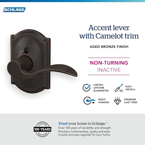 Image of Schlage F170 ACC 716 CAM RH Right Handed Accent Door Lever with Camelot Trim, One Sided Non-Turning Dummy Door Handle, Aged Bronze