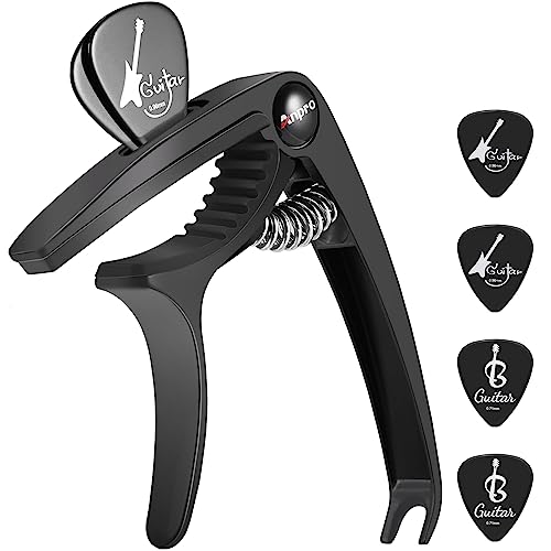 Anpro Cejilla de guitarra con 6 púas de guitarra, cejilla para guitarra acústica de madera