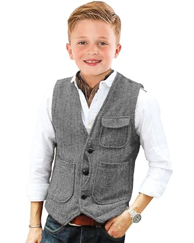 Image of Retro Boys Tweed Vest for Kids Formal Dress Herringbone Suit Vest for Toddler Boy Wedding Waistcoat