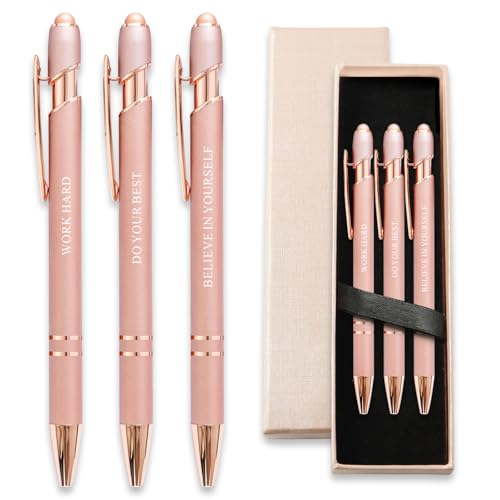 YUNCHUN 3PCS Fancy Ballpoint Pen Sets for Women, Cute Ball Pens with Self Motivation Words, Best Pen Gift Set for Women, Pretty Black Ink Pens, Elegant Nice Writing Professional Pens for Women, Pink