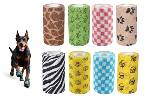 Image of Dog Bandage Cohesive Wrap for Paw & Leg | 10cm x 4.5m - Pack of 8 | Easy Tear, Fur Safe | Self Adhesive Elastic Vet Tape for Walking Protection, Wound Care & Licking Prevention Bandage Roll