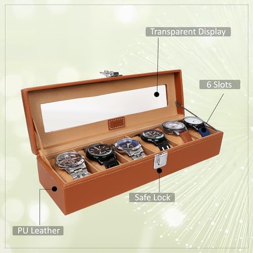 Image of LEDO Watch Box Organizer, 6 Slot Storage Case with Clear Transparent Top, Tan PU Leather with Cream Velvet Interior, Metal Clip Lock, Rectangular