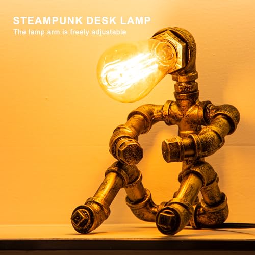 Steampunk Table Lamp, Vintage Industrial Metal Robot Table lamp, Water Pipe Table Lamp, Robot Style Desktop Light for Bedside Desk Bar Cafe Desktop Room Decoration