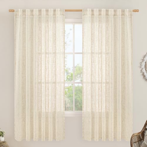 LAMIT Beige Linen Curtains 72 Inches Long 2 Panels for Living Room Faux Linen Textured Light Filtering Drapes Back Tab and Rod Pocket Boho Neutral Panels for Bedroom/Dining Room, 52 x 72 Inch