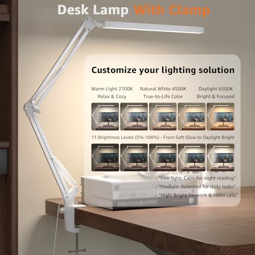 Image of Upgrade Swing Arm LED Desk Lamp with Clamp, 80 LED Beads, 5 Color Modes & 11 Brightness Levels, 360 Adjustable Arm, Eye-Caring Light CRI95, Timer & Memory Function, for Office, Study, Crafting