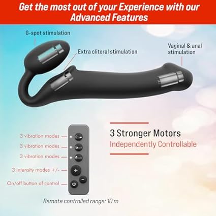 Strap-on con 3 motores de vibración independientes – control remoto inalámbrico – silicona flexible con memoria de forma – recargable e impermeable – experiencia en pareja – Strap-On-Me (M)