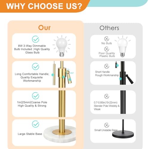 Qingmiao Modern Floor Lamp for Living Room, Adjustable Height Standing Lamp with Marble Base, Gold Tall Pole Light with Linen Shade for Reading Bedroom, Chain Switch, 8W 3-Way Dimmable Bulb Included by Qingmiao - Used condition - Image 4