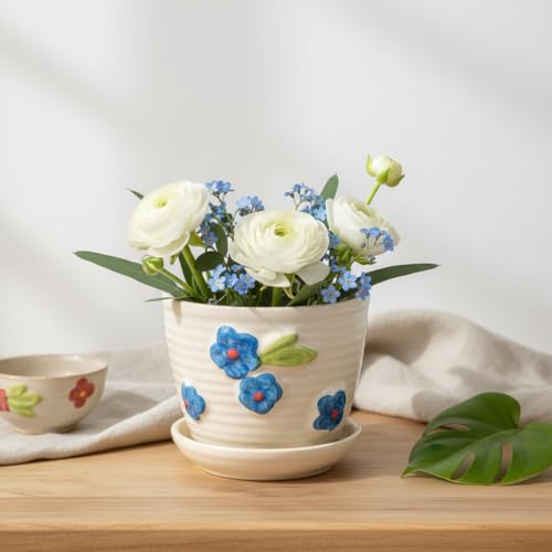 Image of Kraftlik Handicrafts Small Ceramic Planter with Attached Saucer | White Textured Mini Flower Pot for Succulents & Home Decor (Pack of 1)