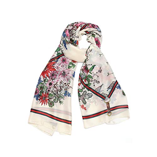 LANSILK Bufanda de seda para mujer - Elegante, lujosa, grande y liviana bufanda de Pashmina de seda, bufanda de cachemira, bufanda de cuello (170x86CM) (White Pink Flowers Silk Scarf)