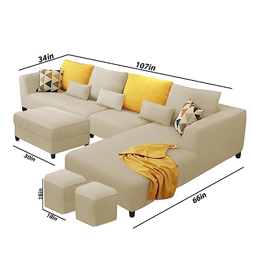Image of Galib RHS 8 Seater L Shape Sofa Set with Ottoman & 2 Puffy for Living Room (Cream) Premium Fabric