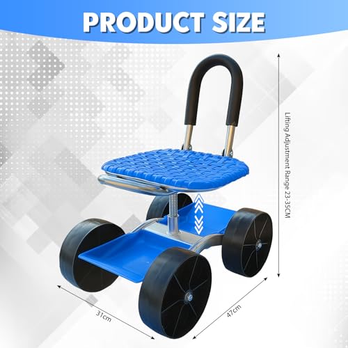 TAZZOR Gartensitz mit Rollen, Garten Rollsitz, 360° Drehbar | Höhenverstellbar, Mobiler Gartenhocker für Gartenarbeit, Rollbarer Gartenwagen mit Griff und Ablagefach, Gartenarbeitssitz bis 150 kg