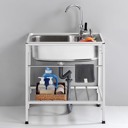 Lavello a vasca singola in acciaio inox con supporto, autoportante, per ristorante, cucina, set con cestello di scarico e rubinetto caldo e freddo, per lavanderia, cortile, garage all'aperto